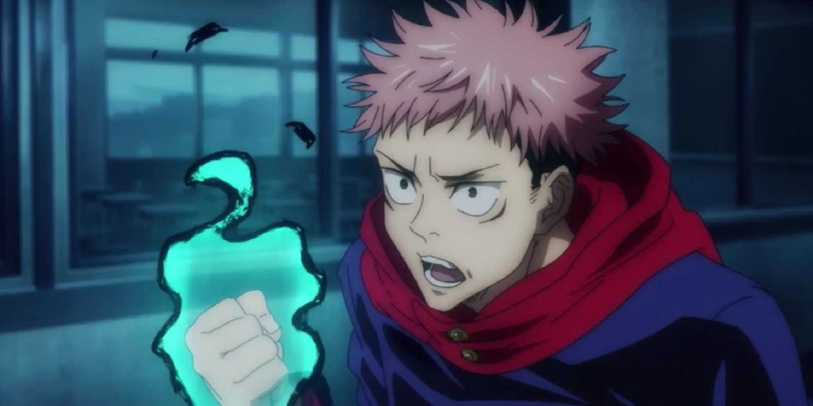 Yuji Itadori in Jujutsu kaisen with a glowing blue fist