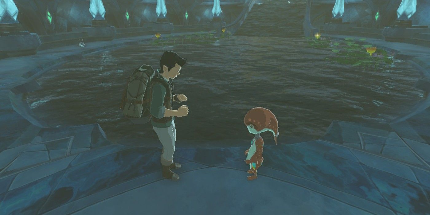 Sasan and Finley talking in Zora&rsquo;s Domain in The Legend of Zelda: Tears of the Kingdom.