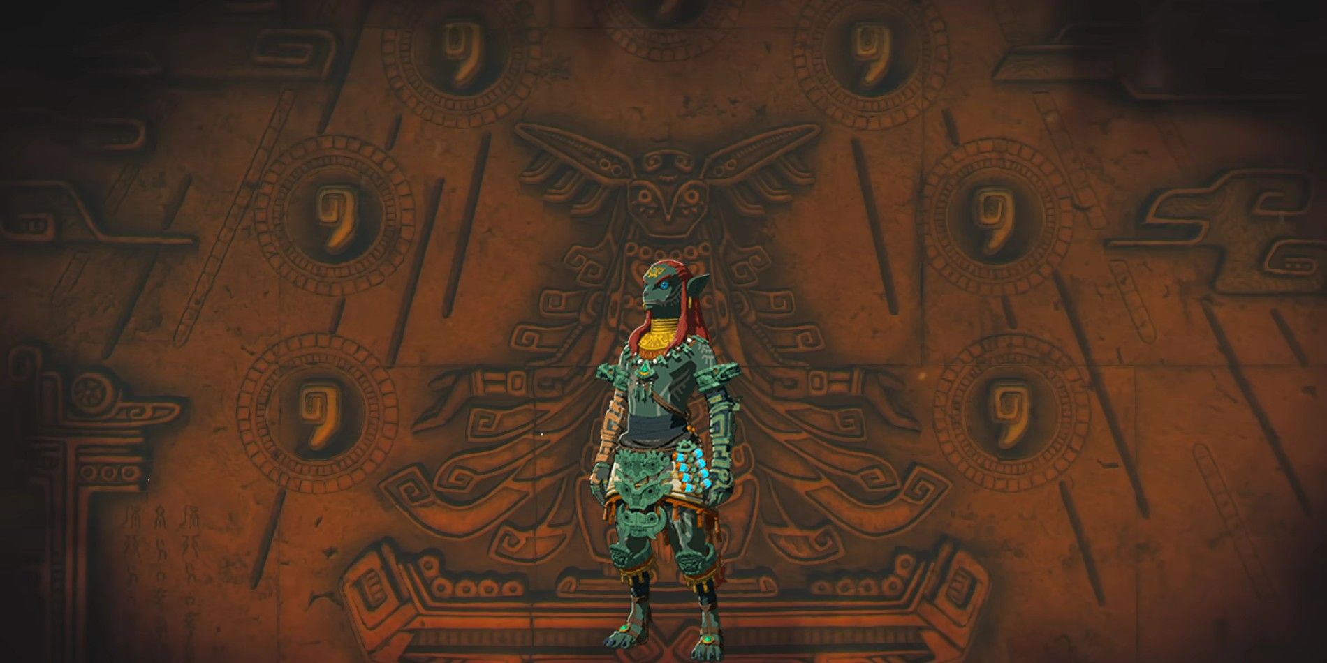 A Zonai mural from The Legend of Zelda: Tears of the Kingdom, with an image of Link wearing the Ancient Hero's Aspect armor.