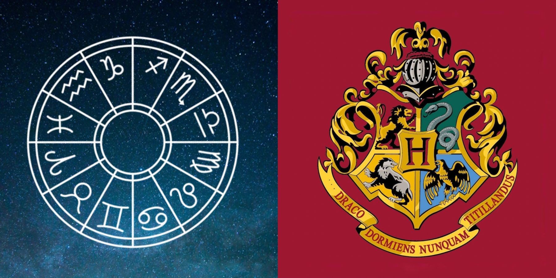 Side by side images depict a Western zodiac wheel and the Hogwarts school crest from Harry Potter