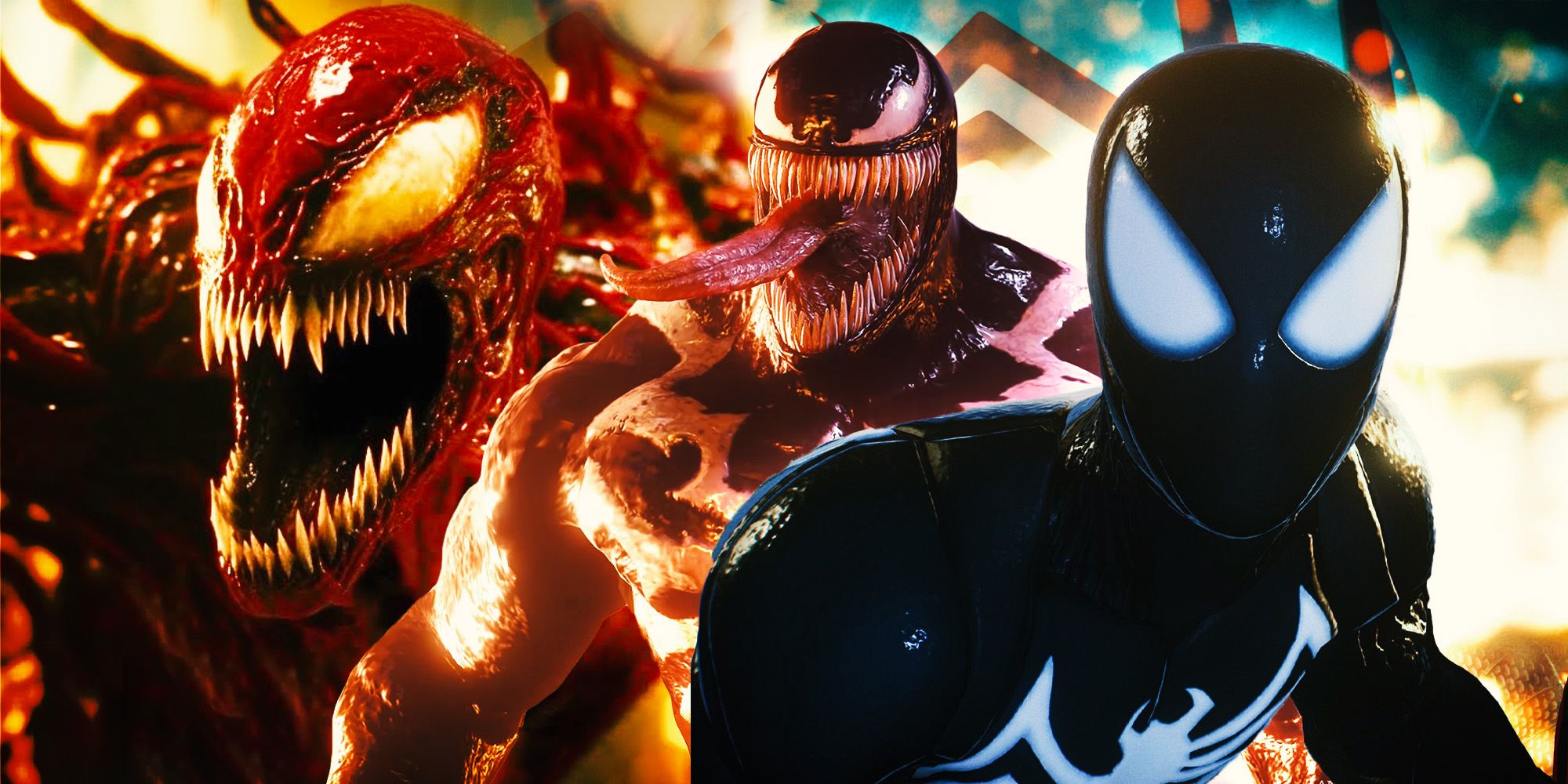 An image of Venom, Peter with the symbiote suit, and Carnage in the background. 