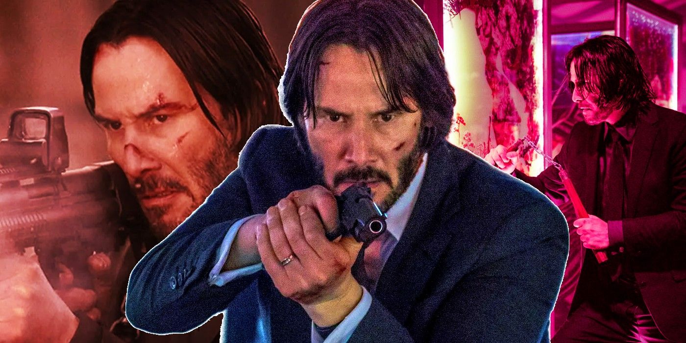 Collage of John Wick holding various weapons including a machine gun, handgun, and knife