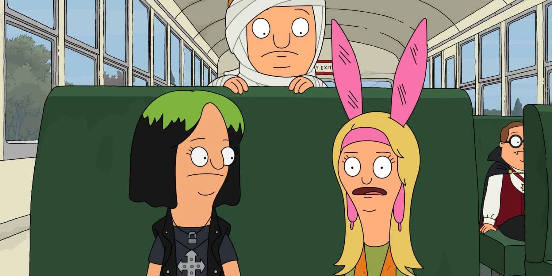 Louise and her friends in costumes on the bus in Bob's Burgers