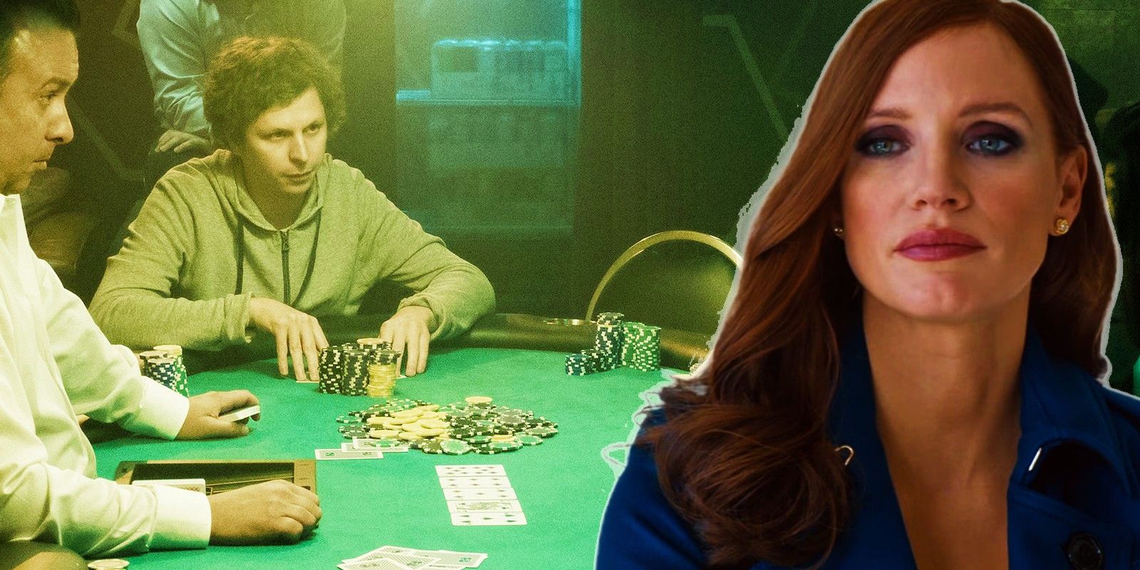 Custom image of Michael Cera as Player X and Jessican Chastain in Molly's Game