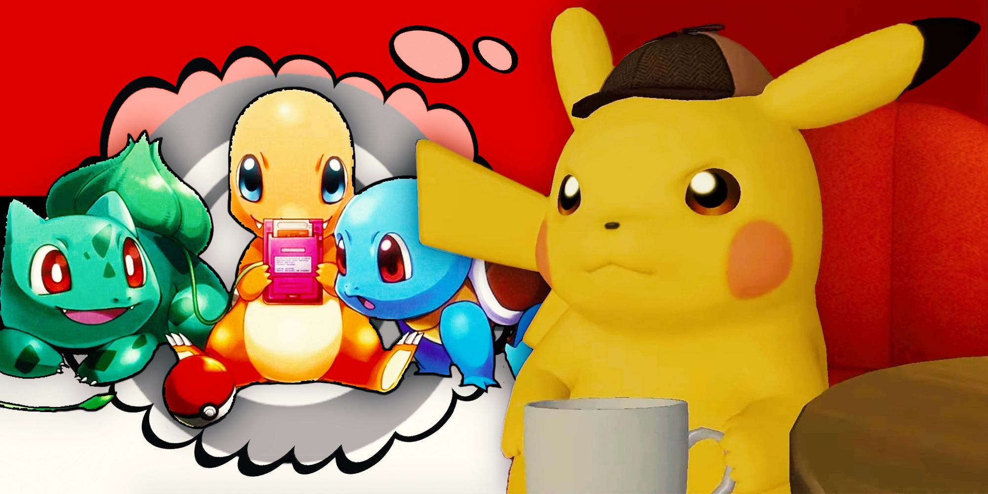 Detective Pikachu holds a mug of coffee to the right, while Squirtle, Charmander, and Bulbasaur are gathered playing a Game Boy on the left.