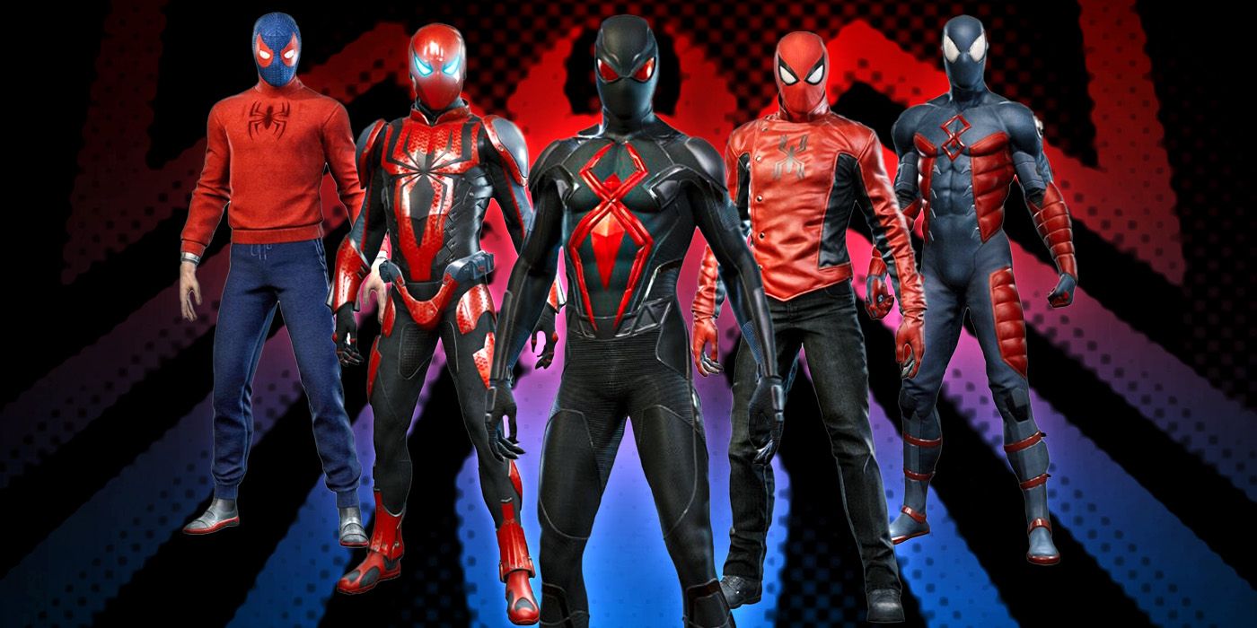 Peter Parker's Wrester, Spider-Armor MK3, Dark, Last Stand, and Electro Proof suits from Marvel's Spider-Man