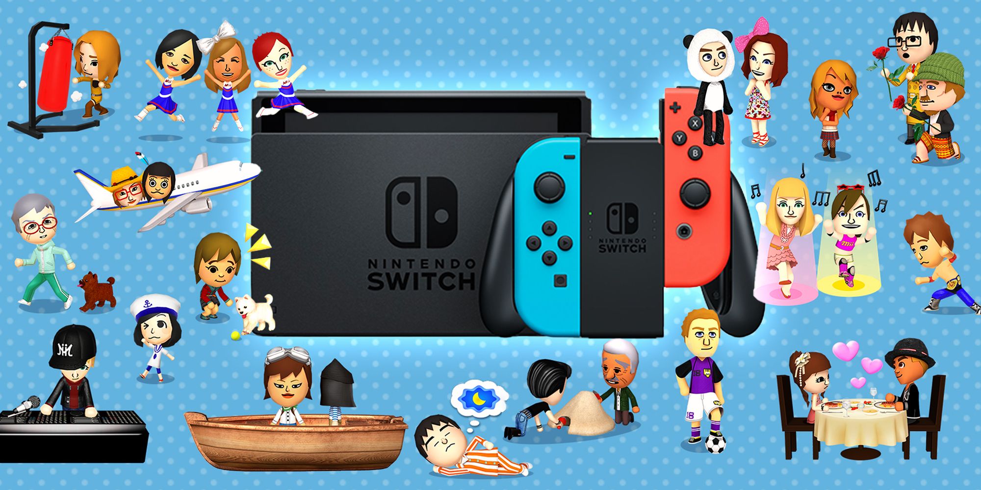 A wide variety of Miis engaged in various activities, like boxing, cheerleading, dog walking, DJing, boat riding, napping, sand castle building, romantic dining, and dancing, surround an image of a Nintendo Switch.