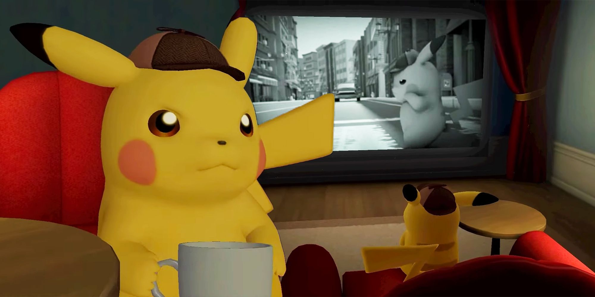 Detective Pikachu holds a cup of coffee to the left, while the right portion of the image sees him watching a scene from the first game.
