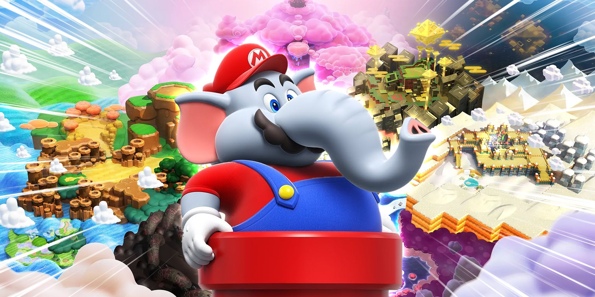 Elephant Mario bursting out of a red tube with Mario worlds visible in the background.