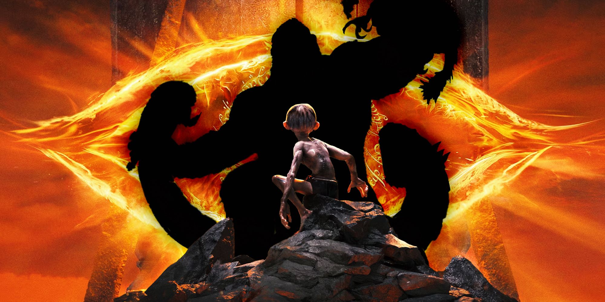 Gollum from the LOTR: Gollum game looking at Kong&rsquo;s silhouette from Skull Island: Rise of Kong