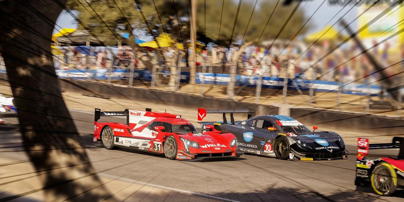 Racing cars on a track with speed lines emanating from them. 