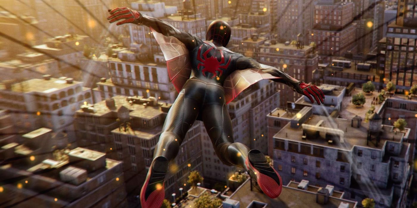 Miles Morales gliding above New York in Marvel's Spider-Man 2