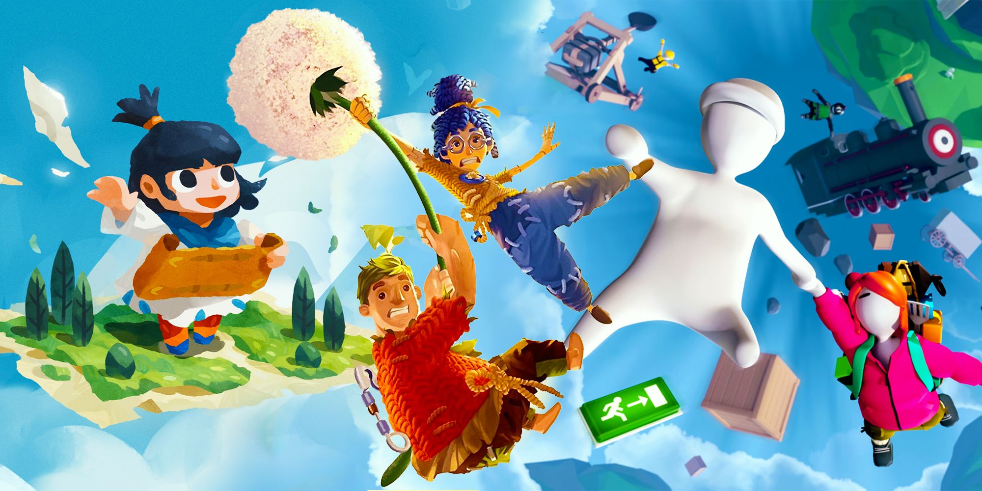 Se necesitan dos y otros personajes de juegos de rompecabezas flotando en medio de un cielo azul. 
