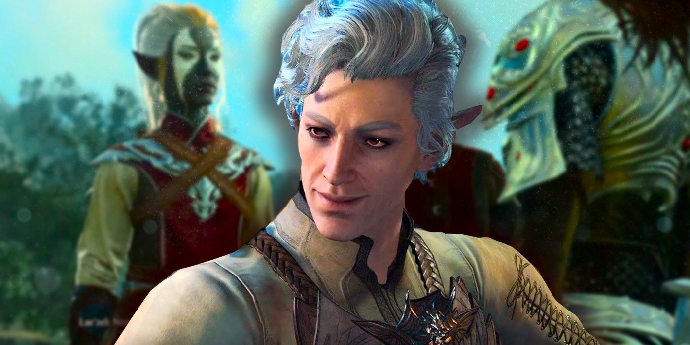Astarion from Baldur&rsquo;s Gate 3 smirks, superimposed over a blurred image of a custom character talking to another NPC.