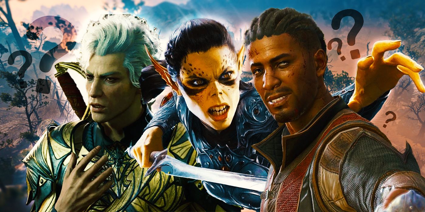 Astarion, Lae&rsquo;zel, and Wyll looking toward the viewer, with question marks all around them.