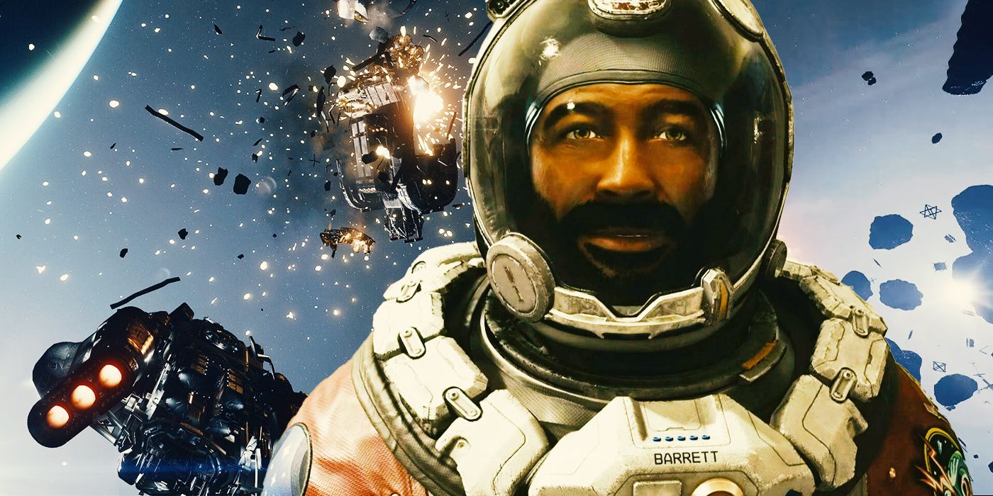 Barrett looking at the camera while in a space suit. Spaceships in the background getting blown apart.