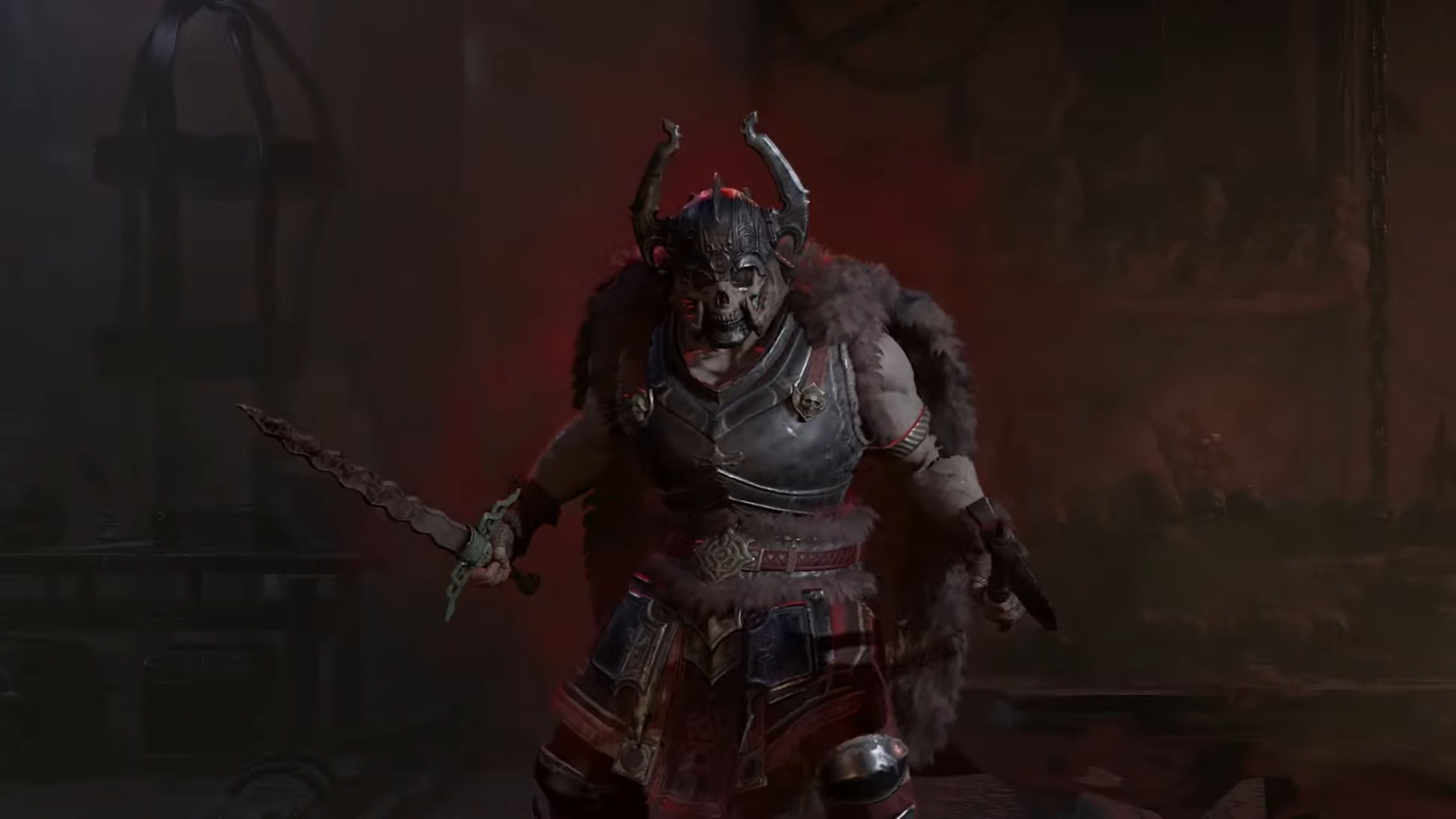 A Blood Seeker from Diablo 4 Season 2, Season of Blood. It is a fur-cloaked warrior with a skull face and Viking helmet.