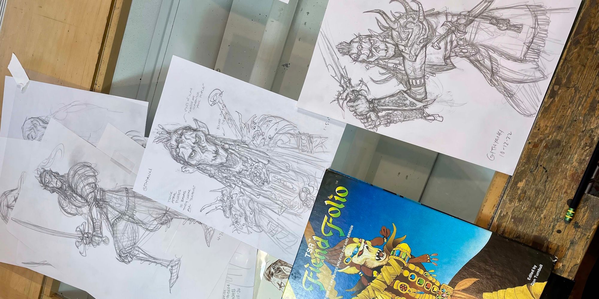 Githyanki sketches by Tony DiTerlizzi along with the original TSR Fiend Folo for DnD Planescape
