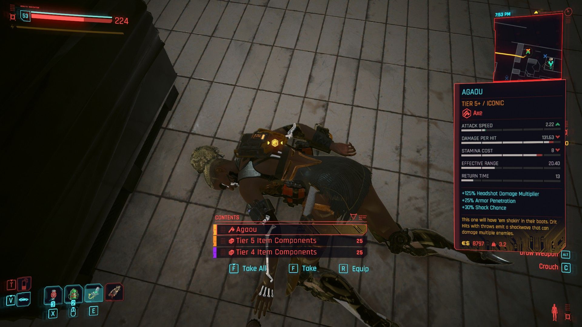 A body with the a lootable item, the Agaou axe, highlighted in Cyberpunk 2077.