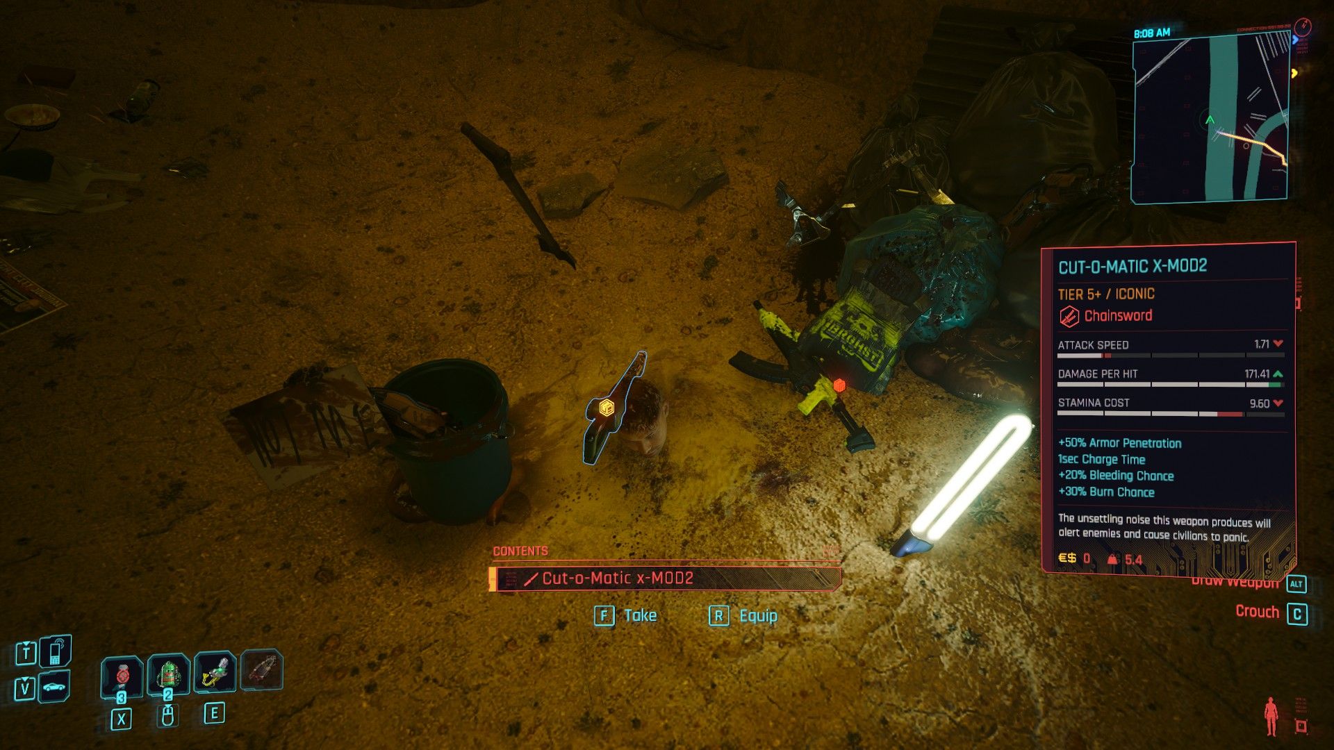 A chainsword, the Cut-O-Matic x-MOD2, sticking out of severed head on the ground in Cyberpunk 2077.