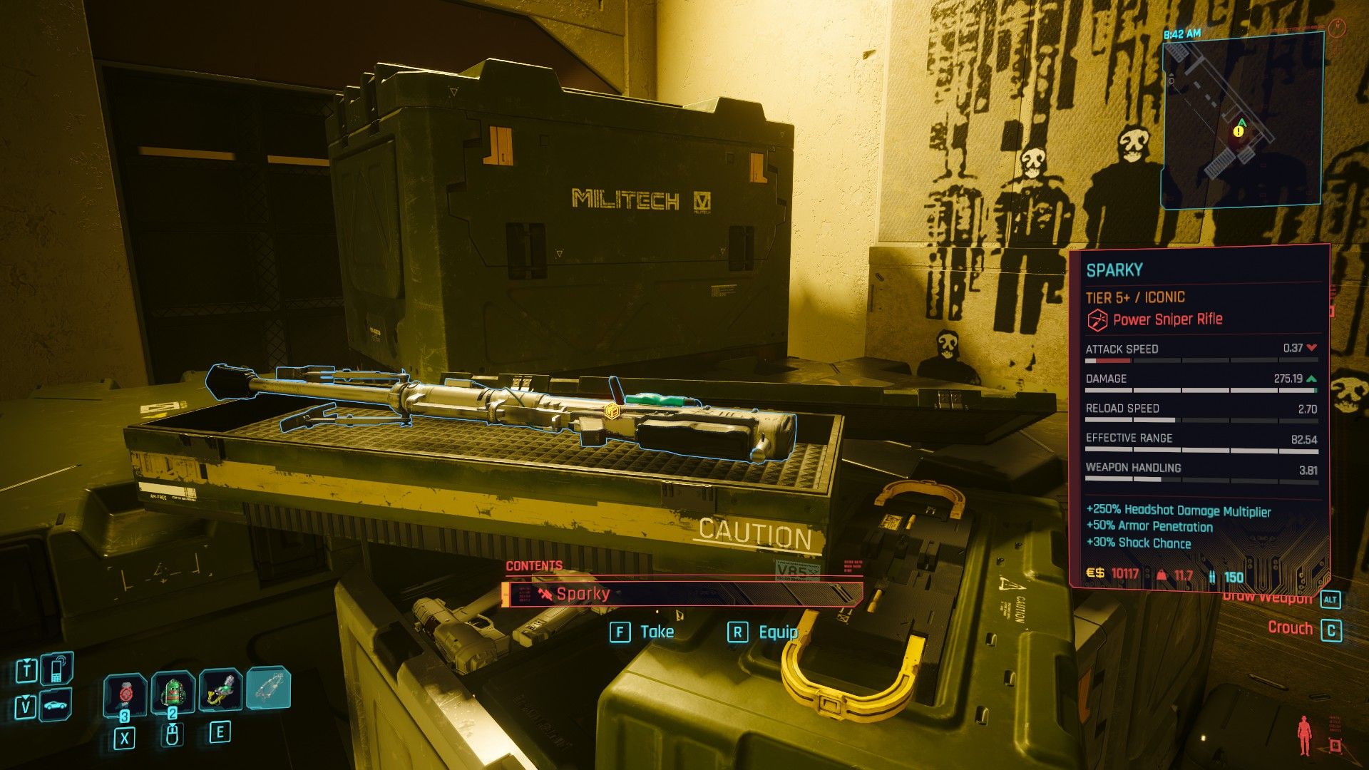 A sniper rifle, Sparky, sitting in a weapon case in a yellow-tinted room in Cyberpunk 2077.