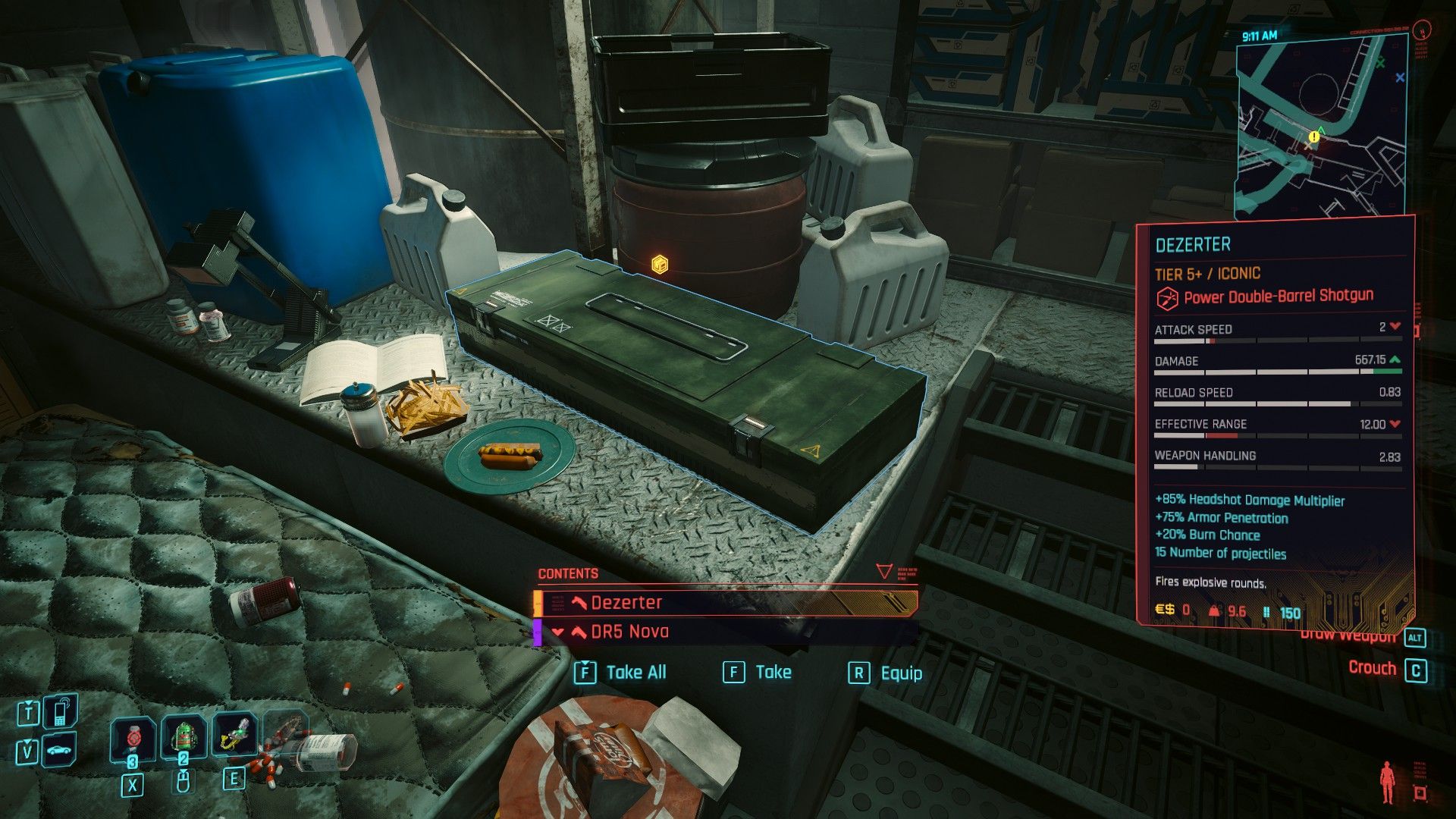 A closed weapon case with lootable item, the Dezerter shotgun, highlighted in Cyberpunk 2077.