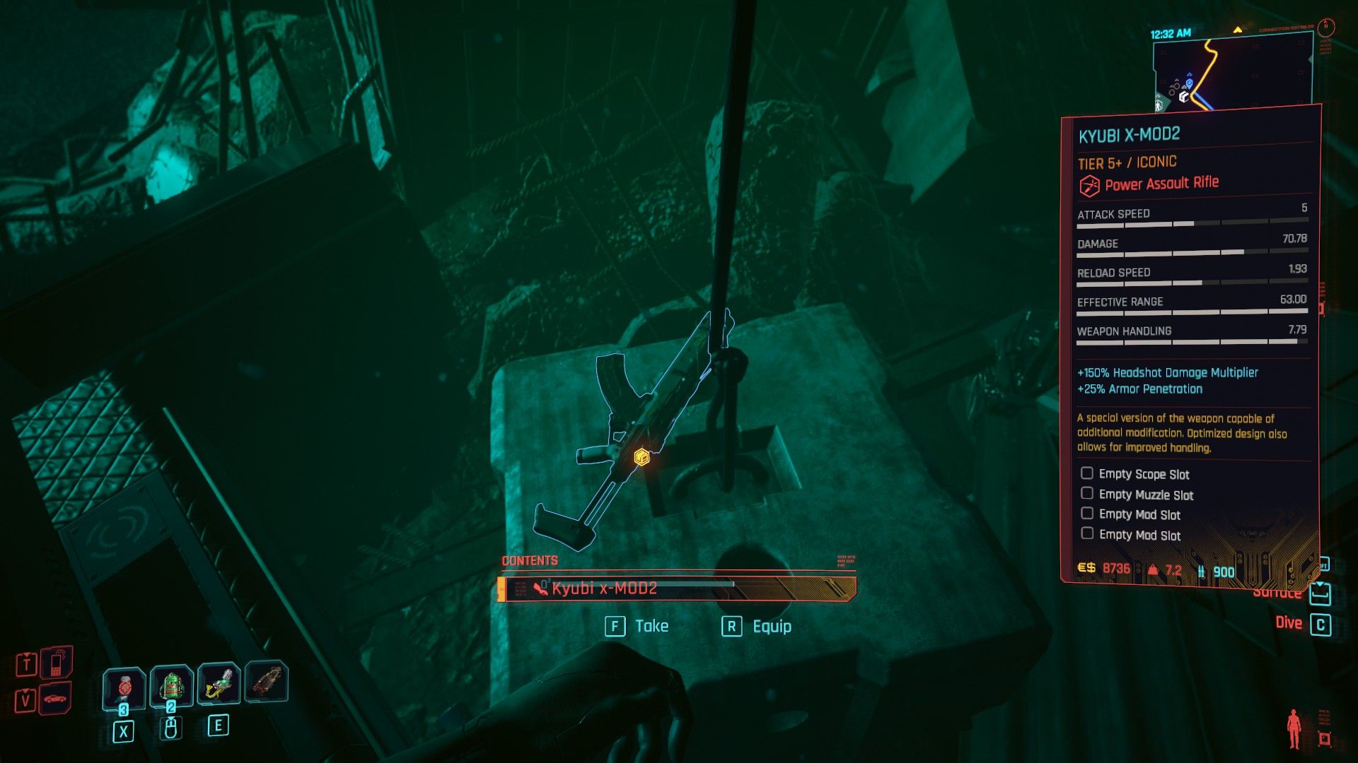 An assault rifle, the Kyubi x-MOD2, resting on a square cement block underwater in Cyberpunk 2077.