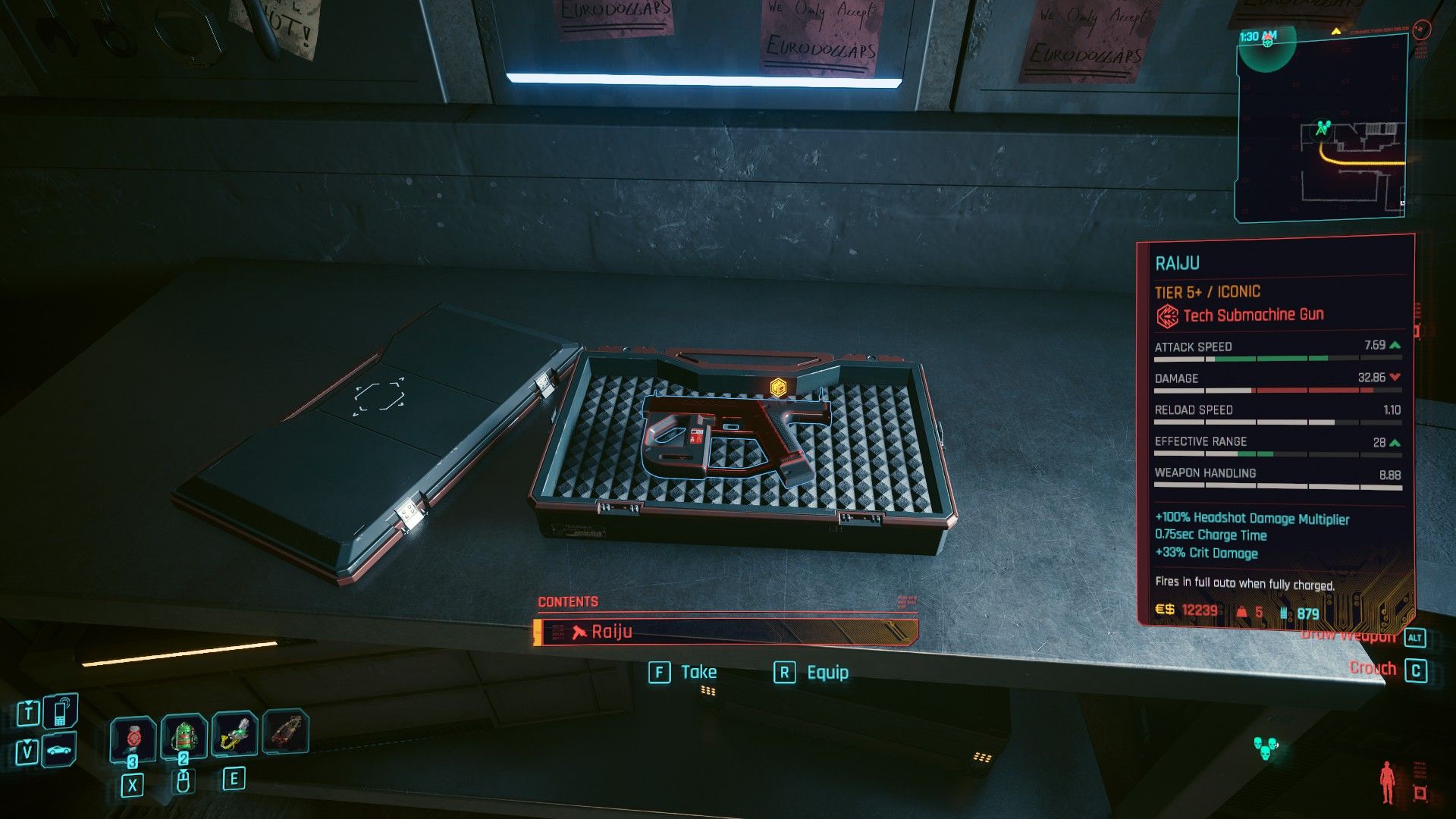 A compact red SMG, the Raiju, sitting in a case in Cyberpunk 2077.