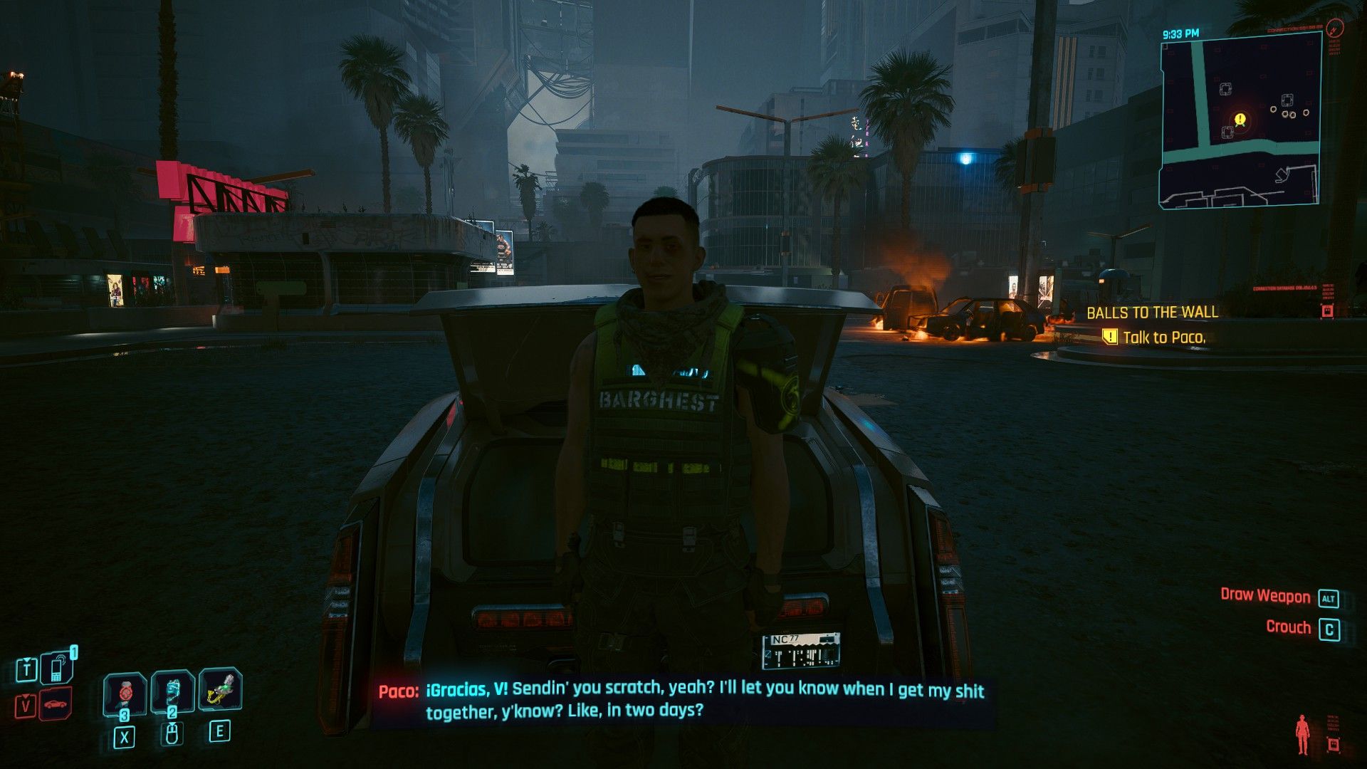 Paco Torres from Phantom Liberty standing in front of the open trunk of a car.