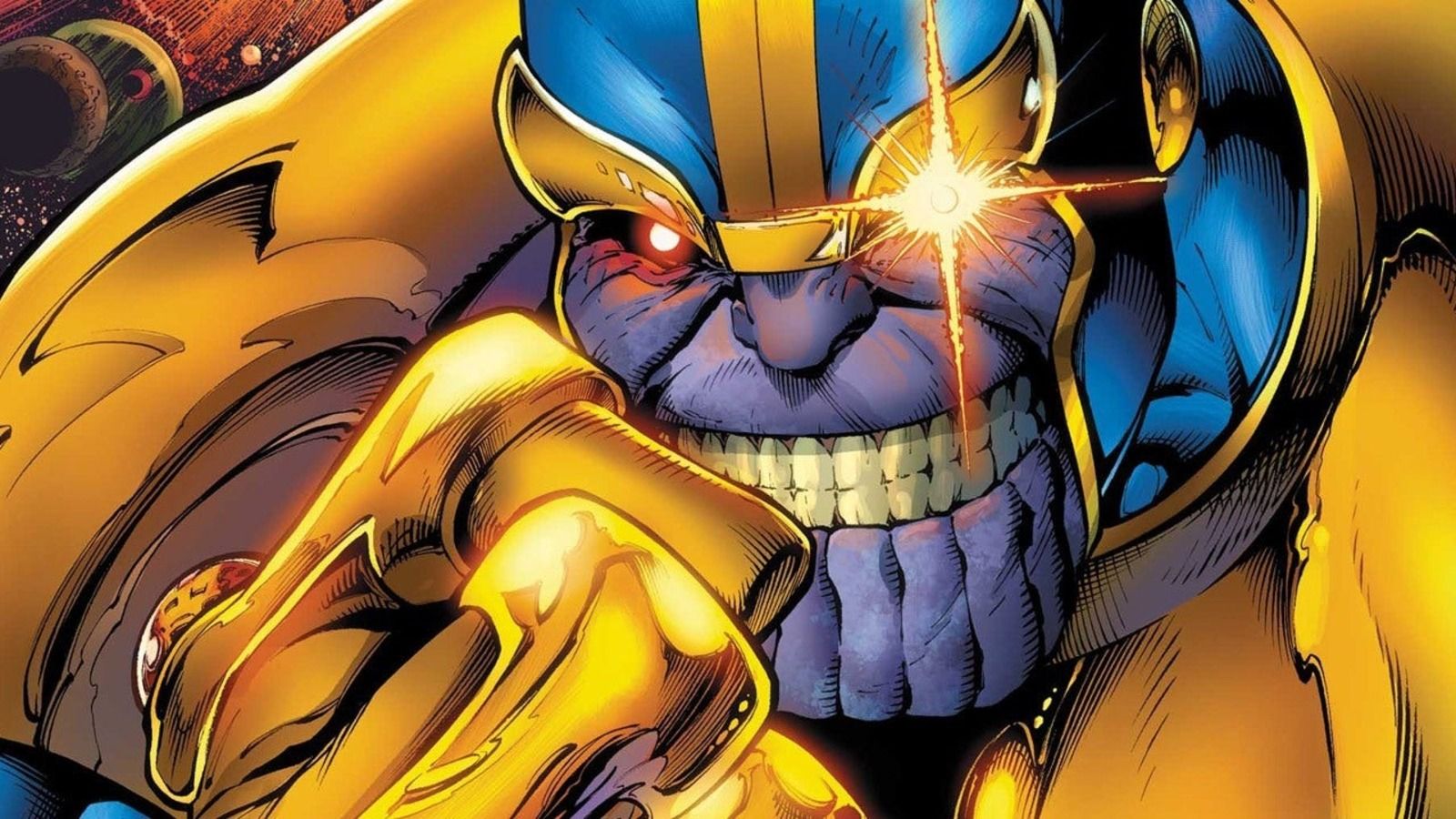 Close up of th Mad Titan Thanos, with a glint in his eye and rows of perfect teeth