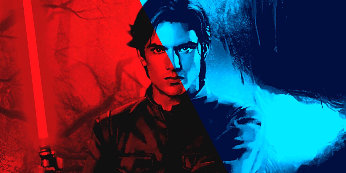 Jacen Solo with half his face in red and the other half in blue.