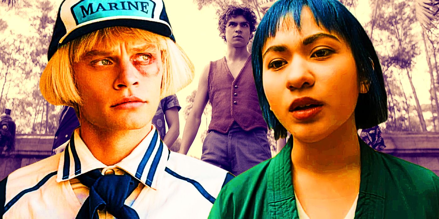 Helmeppo and Kuina in front of the Straw Hats in One Piece