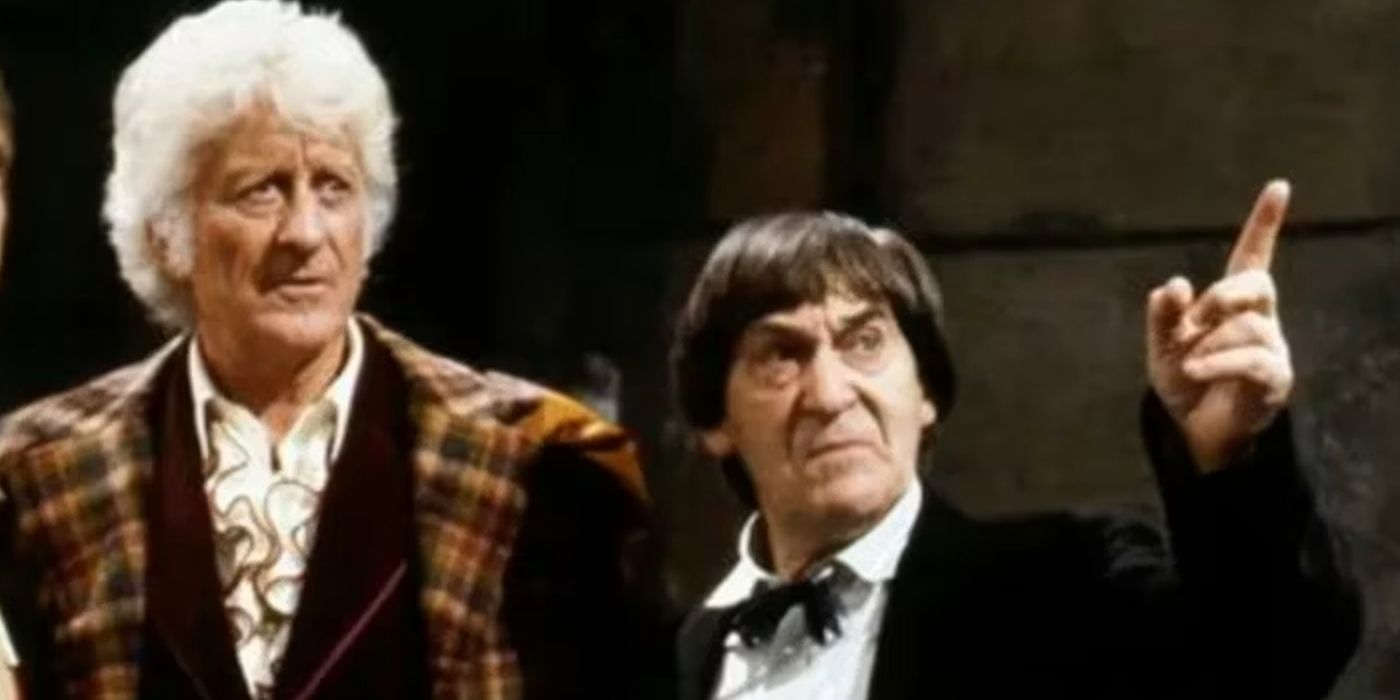 2nd and 3rd Doctors pointing and looking up in Doctor Who