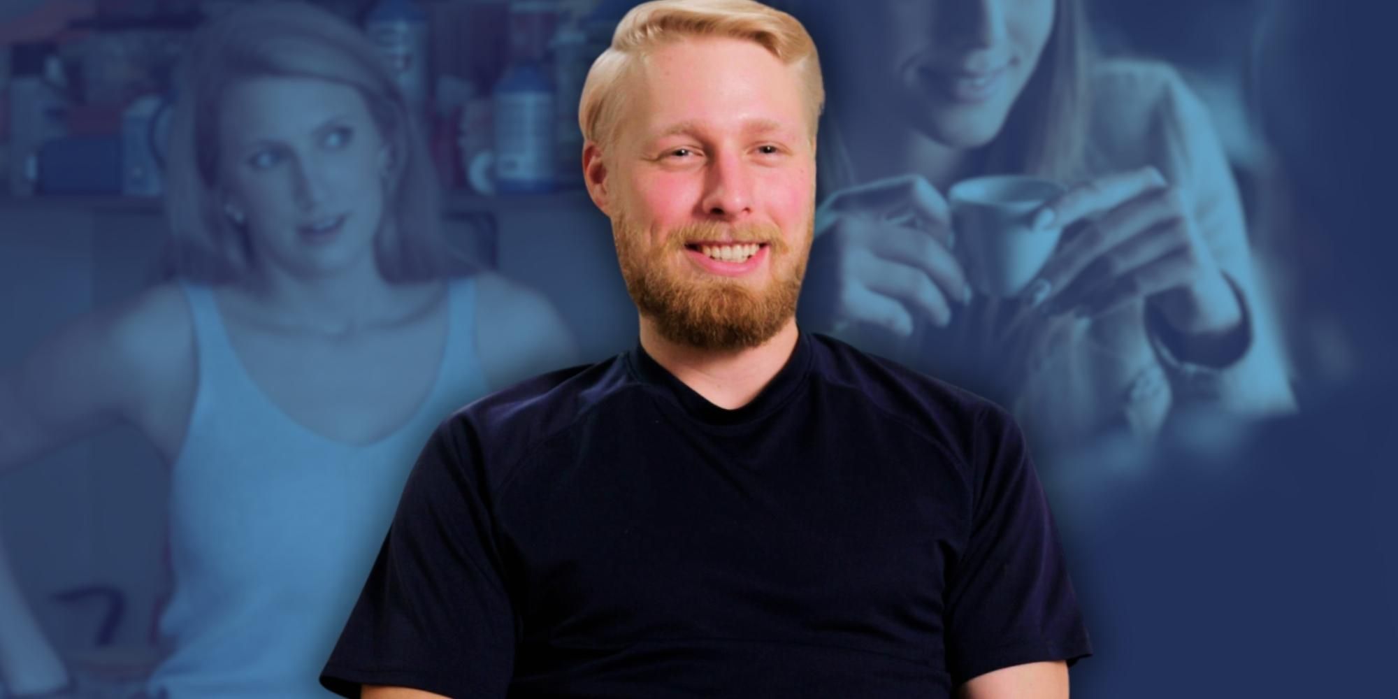 Welcome to Plathville star Ethan Plath wearing black shirt and smiling in front of blue background photo of Olivia and a woman drinking out of a mug