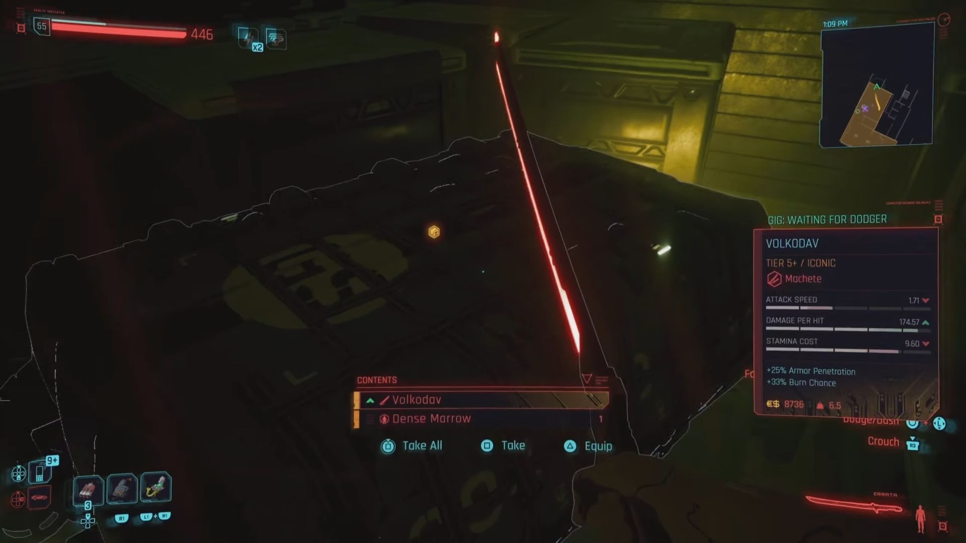A crate in a dimly-room, with a lootable item, the Volkodav machete, highlighted.