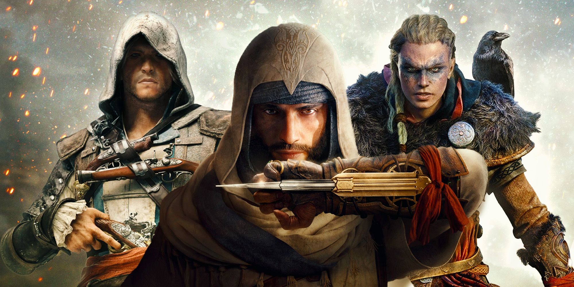 Assassin's Creed Mirage protagonist Basim in front of Edward Kenway and Eivor.