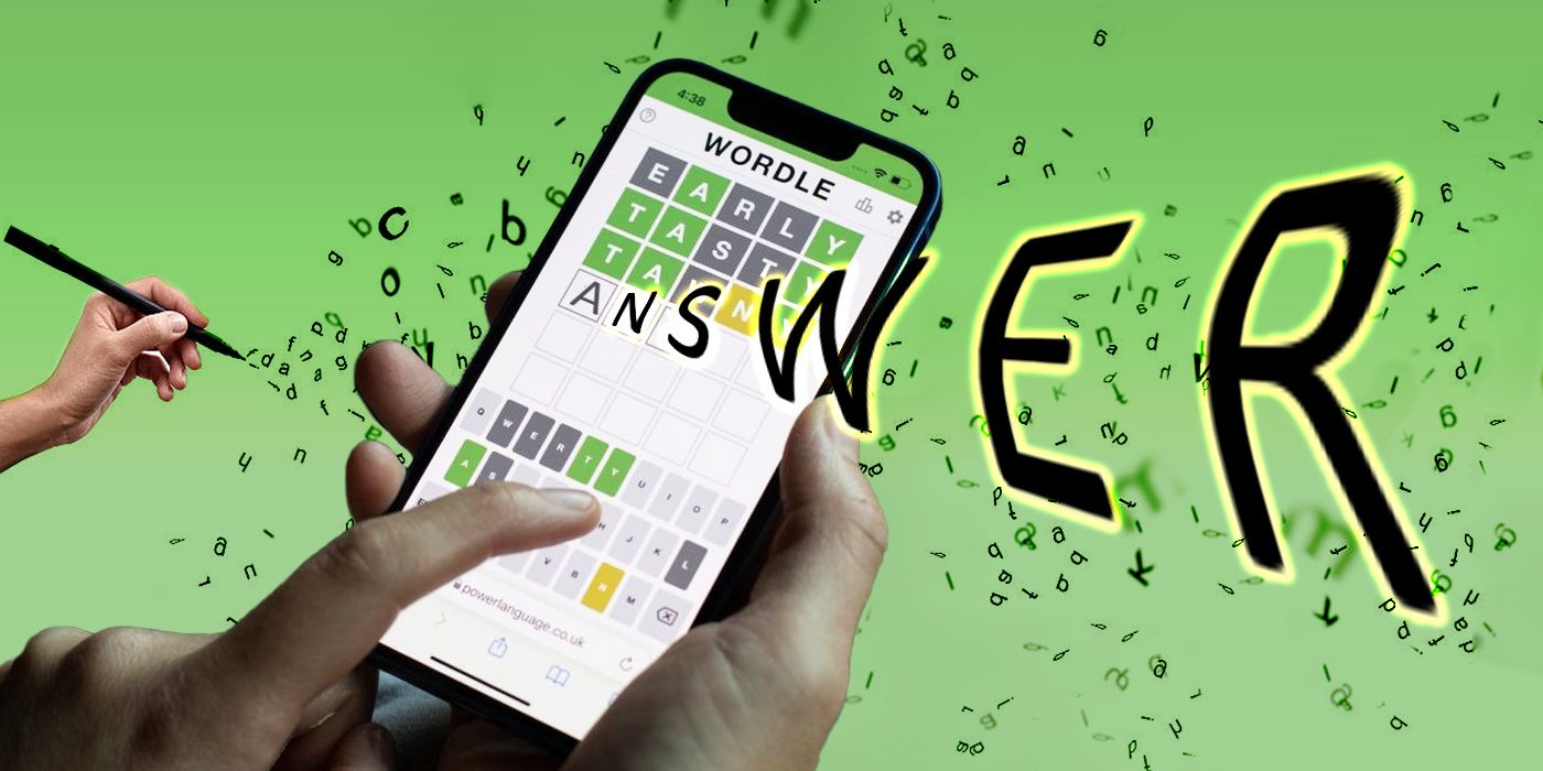 Wordle on a phone with the Answer graphic and flying letters in the background