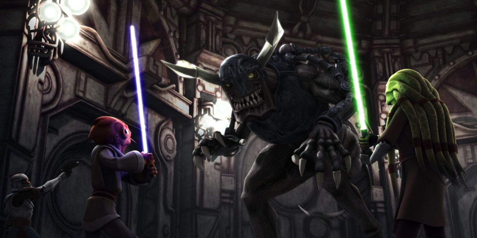 A pair of Jedi fighting a Roggwart