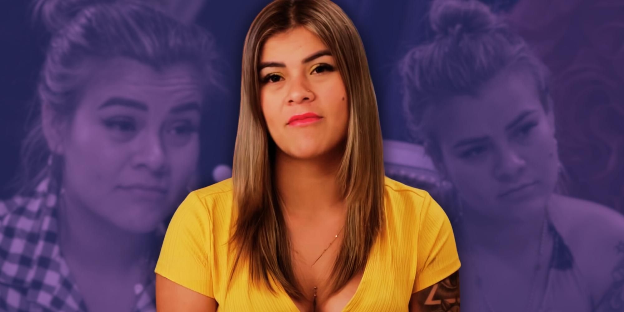 90 Day Fiancé Ximena Morales making smug face in yellow shirt