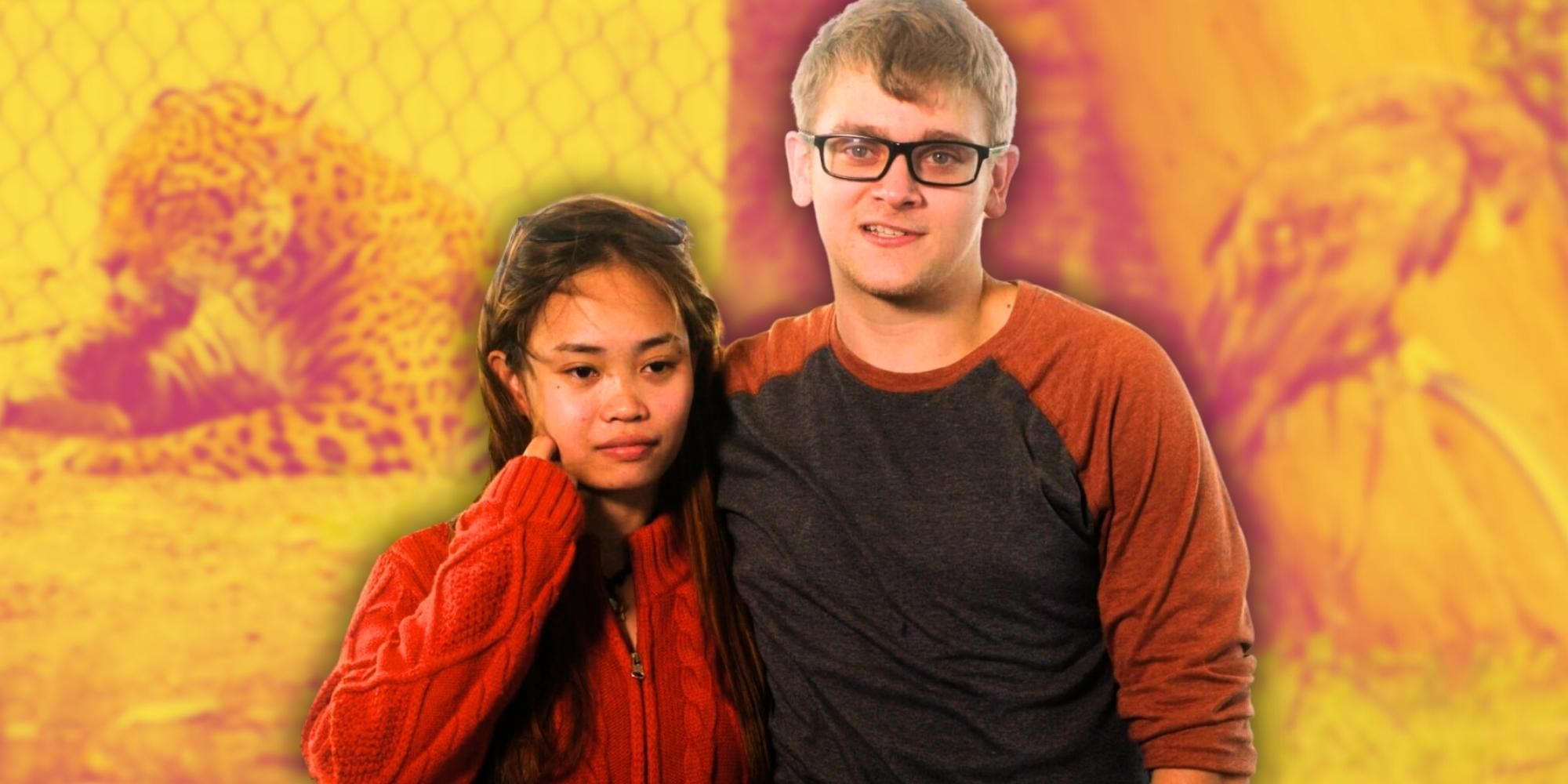 90 Day Fiancé&rsquo;s Mary &amp; Brandan, with cheetah and large bird behind them