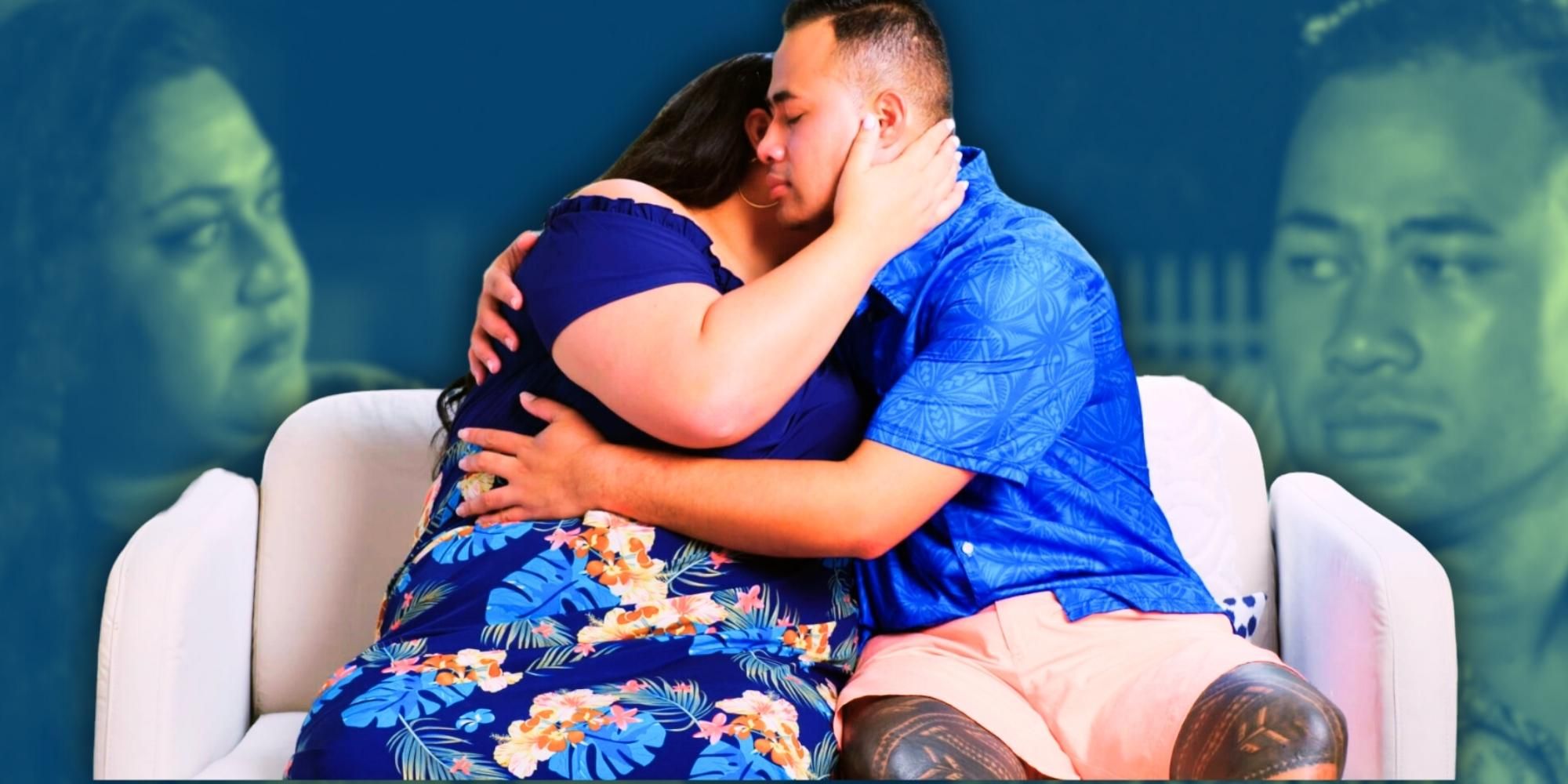 90 Day Fiancé's Kalani and Asuelu hugging and crying during confessional scene.