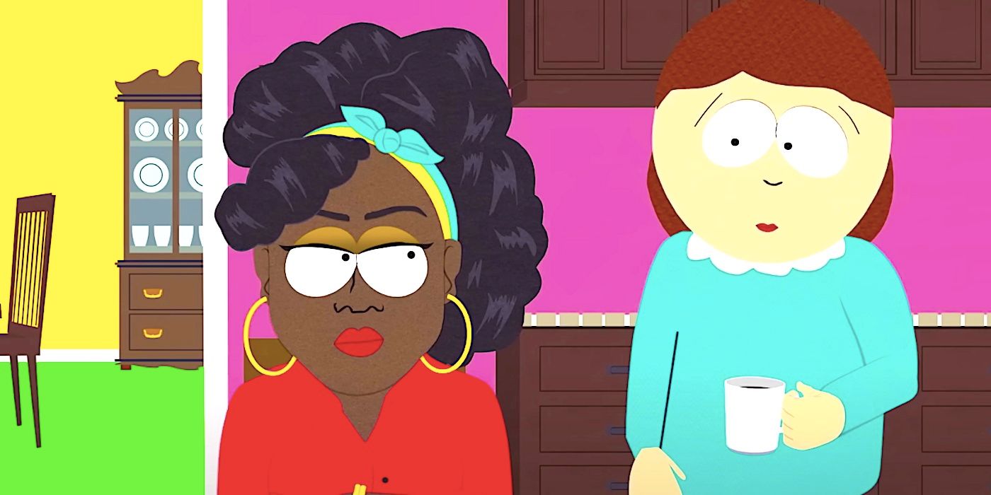 A black female Cartman stares at her mother in South Park Joining the Panderverse