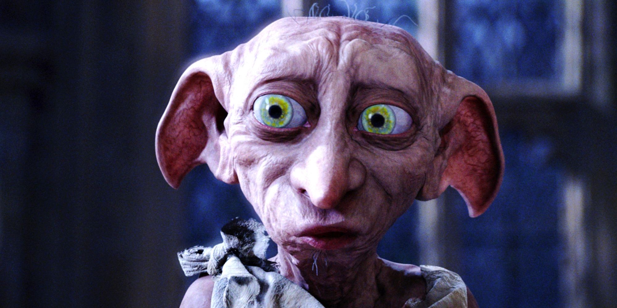 A closeup of Dobby in the Harry Potter movie franchise