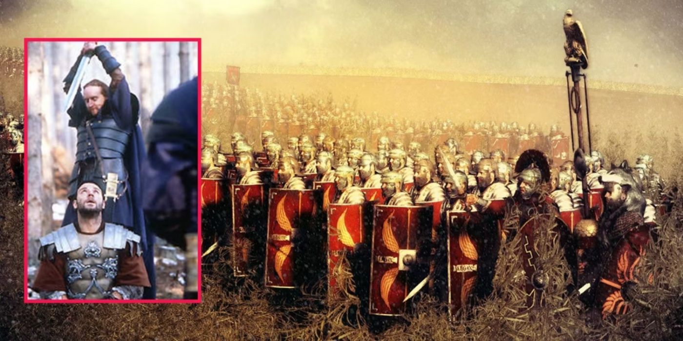 A collage image of the Roman Legion and Maxmius kneeling to be executed in Germania in Gladiator.