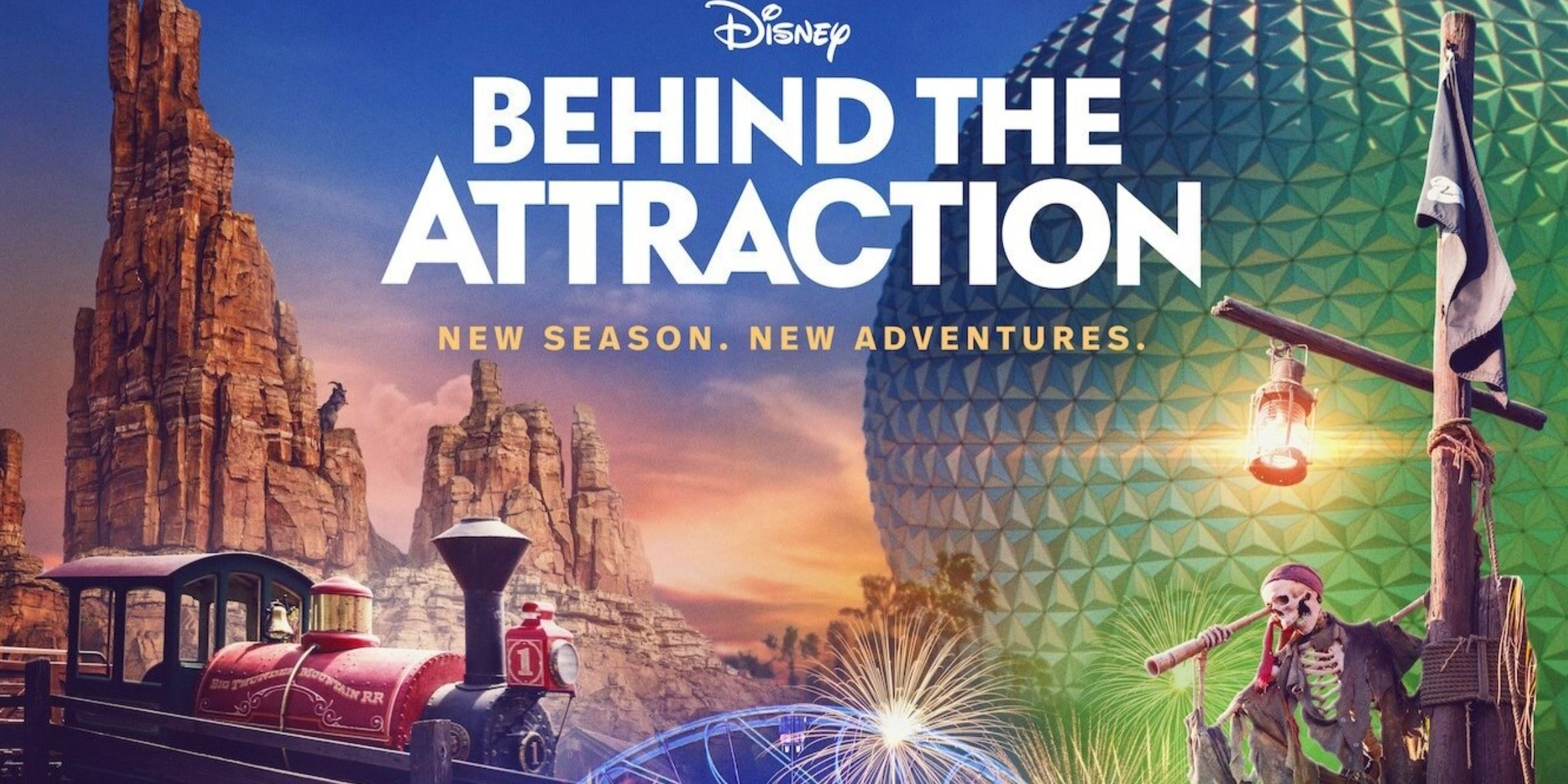 A cropped poster image for Behind The Attraction features part of Big Thunder Mountain and Pirates of the Caribbean attractions