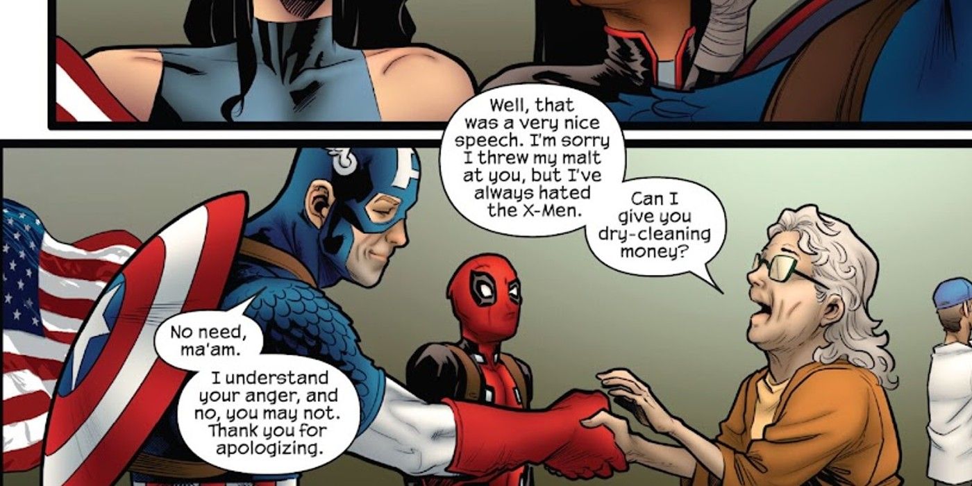 Capitão América em Uncanny Avengers #3, um fã pede desculpas ao Capitão América e Deadpool