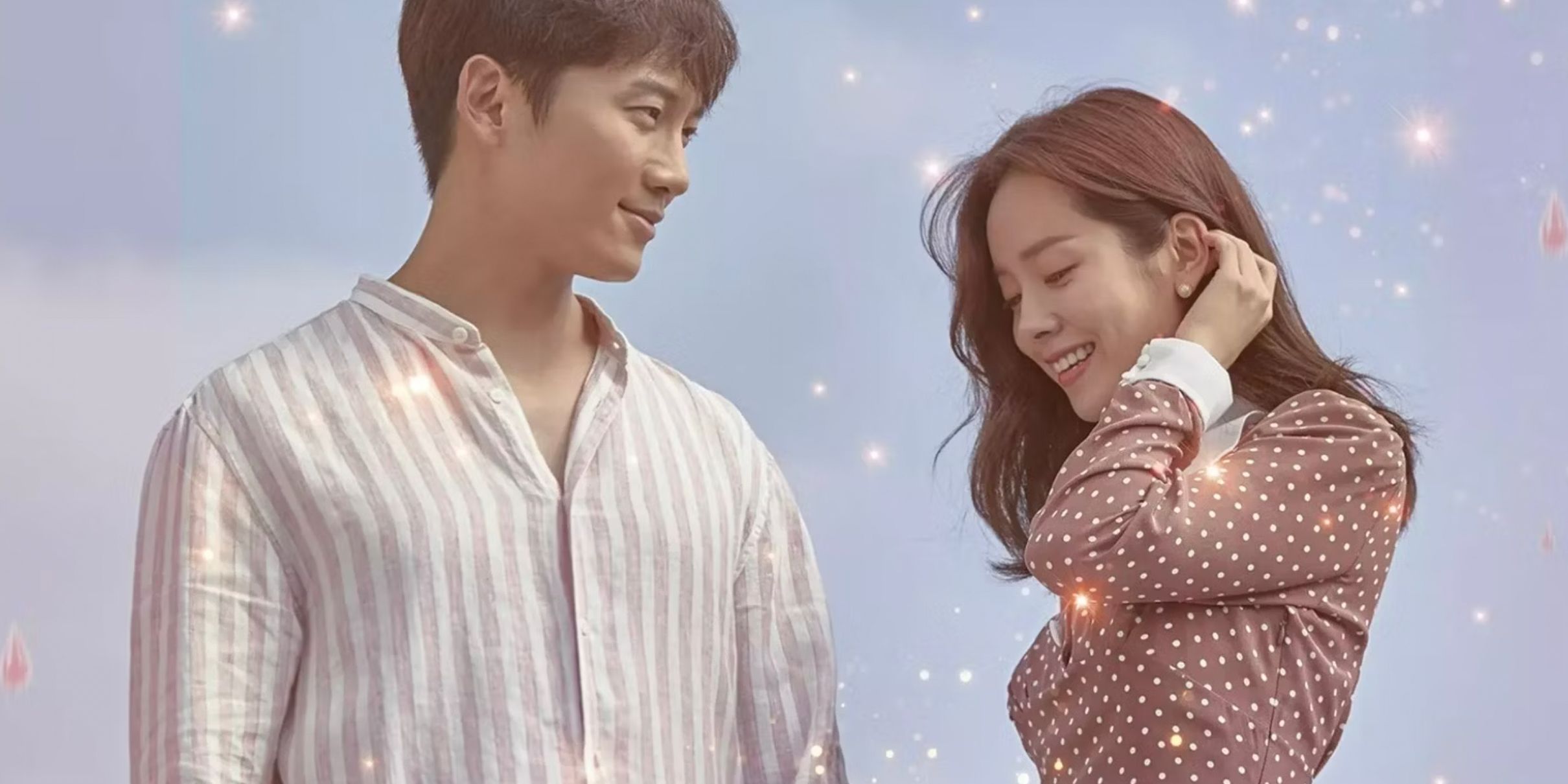 A man and woman smiling with sparks around them in the time travel Kdrama Familiar Life