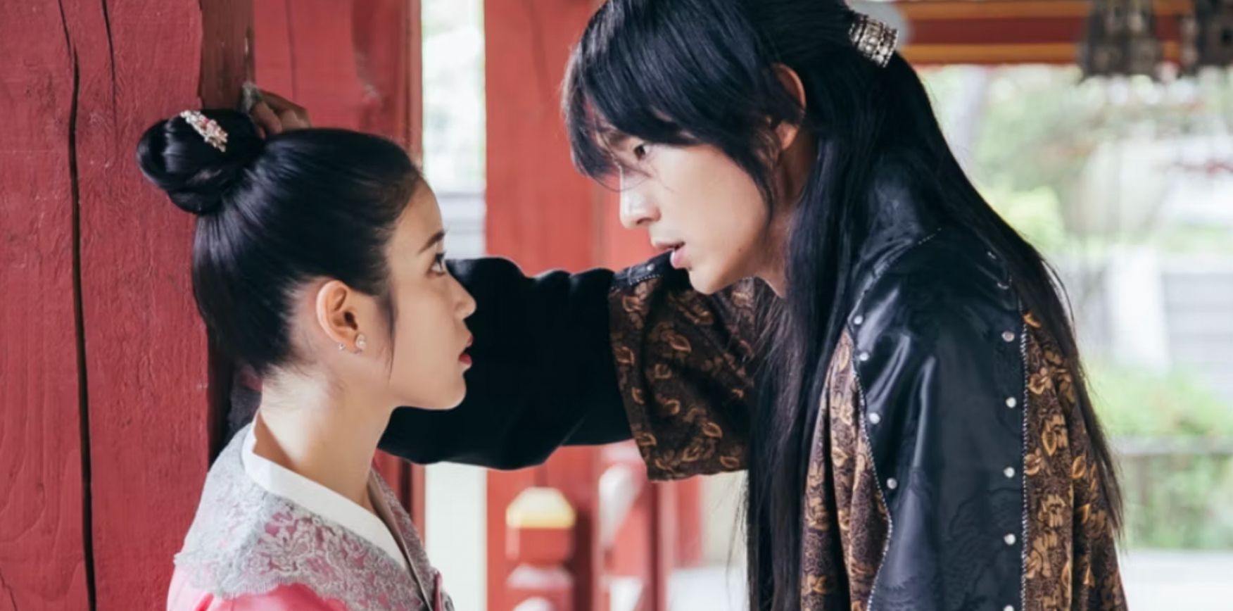 A man leans over a woman in the Korean time travel drama Moon Lovers