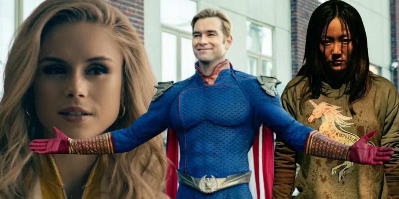 A montage of characters from The Boys including Homelander with his arms outstretched
