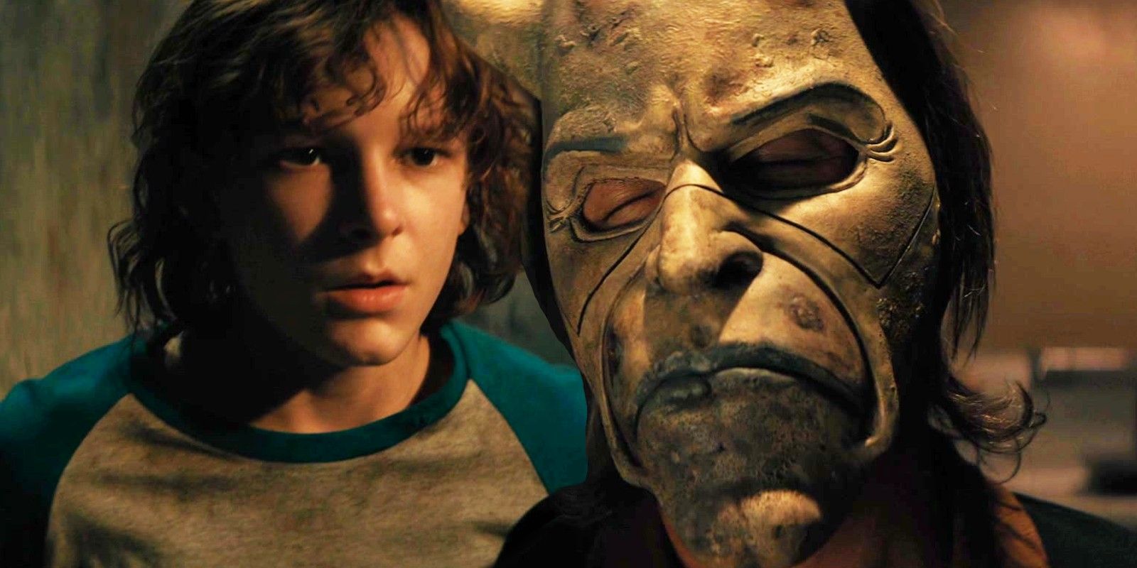 A teenager boy and Ethan Hawke wearing a mask in Black Phone